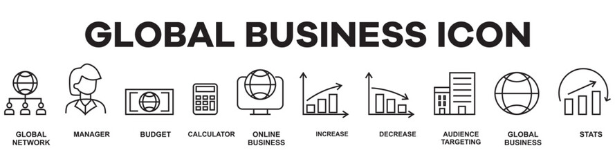Global Business editable stroke pictogram and minimal thin line web icon set.Outline icons collection. Simple vector sign.