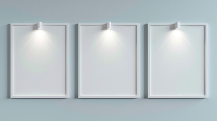 Three blank white frames on a light blue wall, each lit by a single spotlight.