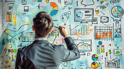 A strategist drawing up a customer journey map on a digital whiteboard, with various touchpoints highlighted