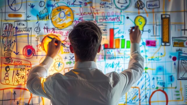 A strategist drawing up a customer journey map on a digital whiteboard, with various touchpoints highlighted