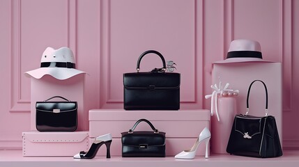 A display of sleek leather purses in classic black and white, accompanied by patent leather heels and a sophisticated cloche hat, set against a soft pink canvas