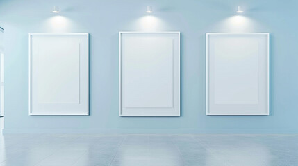 Three blank white frames on a light blue wall, each lit by a single spotlight.