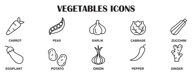 Vegetables - thin line web icon set. Outline icons collection.Simple vector illustration.