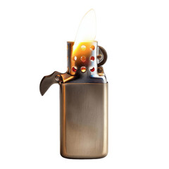 A silver metal lighter with a flame.