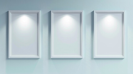 Three blank white frames on a light blue wall, each lit by a single spotlight.