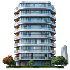 A modern apartment building with a curved glass facade.