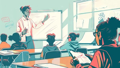 A teacher guiding students through a complex problem in a classroom, offering individualized support and motivation