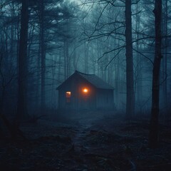The horror theme of a shack house with dim lights behind the forest trees looks eerie when it's foggy and winter, abstract, scary, mystical, long shot, wide angel, realistic