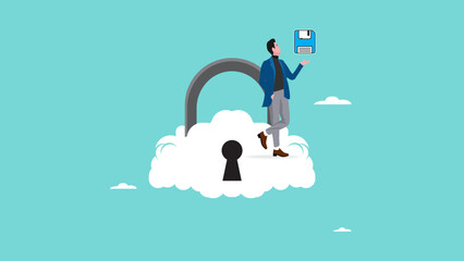 cloud computing security to protect data or information for remote work, data security technology for company server computers, businessman carrying data over secure cloud padlock concept illustration