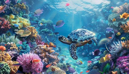 A vibrant coral reef teeming with tropical fish, sea turtles, and colorful corals