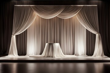 A stage with white curtains and a table with a white tablecloth