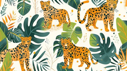 Naklejka premium A trendy vector seamless pattern featuring leopards and tropical leaves is showcased in this stylish design.