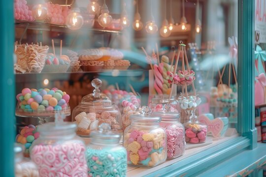 A vintage pastel candy shop window filled with colorful sweets and confectionery