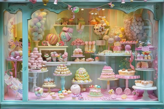 A vintage pastel candy shop window filled with colorful sweets and confectionery