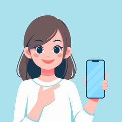 A Simple Cartoon Illustration Of A Young Lady Point Her Finger Presenting Blank Smartphone Pose
