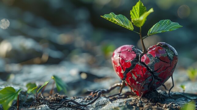 A cracked heart with a wilting plant growing out of it, representing the damage to the planet and future generations.