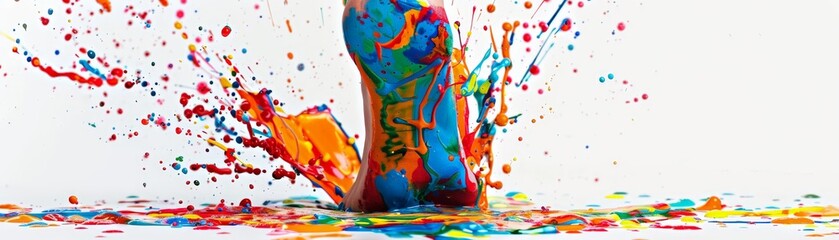 Foot covered in colorful paint splashes, sharply isolated on a white background, excellent for creative art concepts