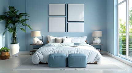 light blue bedroom It's a calming and soothing color that makes a room feel spacious. There is an empty picture frame for additional decoration,Generative AI illustration.