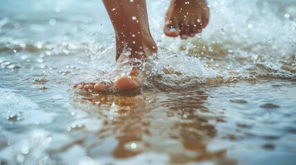 Wet, sandy foot stepping into a white background, with water droplets visible, suitable for summer and beach ads