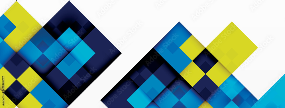 Poster an electric blue and yellow geometric pattern of rectangles on a white background. the design featur