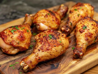 Yummy chicken on a wood board! It's crispy and golden. Crunchy outside, juicy inside! Perfect for sharing with family and friends! 