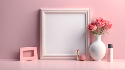 a vase with pink roses, cosmetics and a picture frame