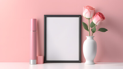 a vase with two roses, cosmetic and a picture frame