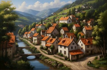 realistic oil painting of Beautiful little village