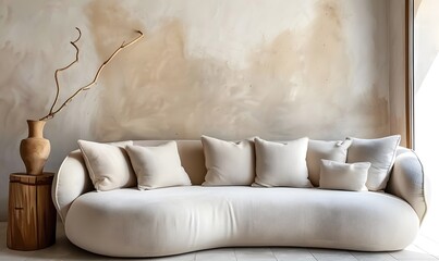 Curved sofa with many pillows and wooden vase with branch against beige stucco wall with copy space. Boho, minimalist interior design of modern living room