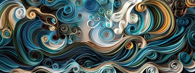 A complex and detailed pattern of swirling blue waves, with each wave made up of intricate patterns in shades of turquoise and teal. The background is dark brown to black. 