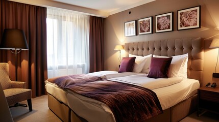 Stylish compact bedroom in soothing colors with a double bed portraying the idea of a snug hotel room