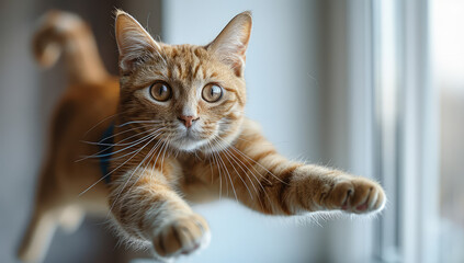 A cute orange cat is flying in the air, with its paws hanging down and a blue scarf floating behind...