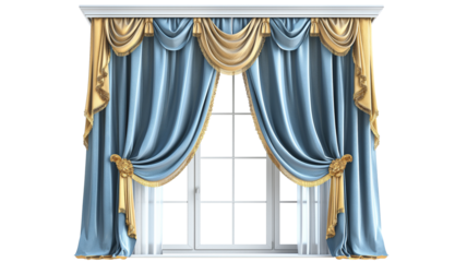 Elegant Window with Blue and Gold Curtains isolated on a transparent background