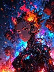 燃えるアンドロイド女性,Generative AI AI画像