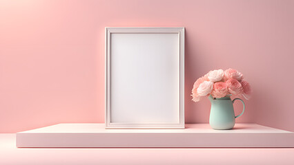a vase with flowers on a shelf next to a picture frame, concept of beauty
