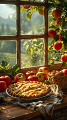 Frischer Apfelkuchen auf dem Küchentisch / Backen Wallpaper / Apfelkuchen Poster / Essen Illustration / Ki-Ai generiert