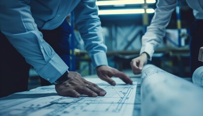 An engineer guiding their team through an industrial project, explaining technical details on a large blueprint