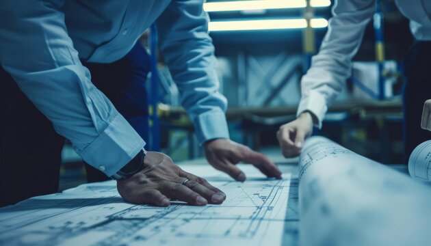 An engineer guiding their team through an industrial project, explaining technical details on a large blueprint