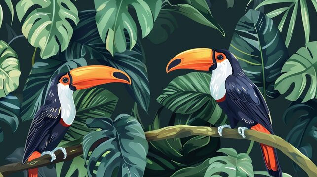 Dive into the tropical nature with this seamless textile vector pattern featuring toucans perched on branches amidst exotic tropical leaves in an abstract painting style.