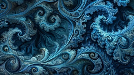 A complex and detailed pattern of swirling blue waves, with each wave made up of intricate patterns in shades of turquoise and teal. The background is dark brown to black. 