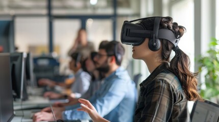 Employees at a tech firm attending a virtual reality coding bootcamp in a simple, modern office, styled as an immersive learning environment