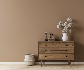 Rustic wooden dresser in an interior design room composition. Minimalistic, chic interiors.