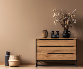 Rustic wooden dresser in an interior design room composition. Minimalistic, chic interiors.