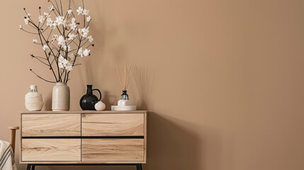 Rustic wooden dresser in an interior design room composition. Minimalistic, chic interiors.