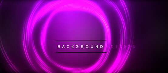 Eyecatching neon circles in electric blue, violet, purple, and magenta hues on a dark background. The automotive lighting font creates a beautiful symmetrical display reminiscent of gas circles