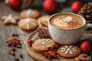 Cappuccino coffee with gingerbread cookies and Christmas decorations on wooden table. Created with Ai