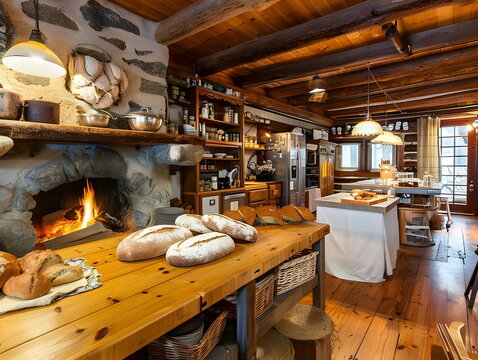 Rustikale K&uuml;che mit Holzofen und frischem Brot in gem&uuml;tlichem Landhaus - Ki-Ai generiert