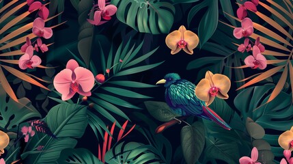 Fashionable night style jungle pattern featuring tropical animal birds, orchid flowers, and plants is presented in this seamless vector background.