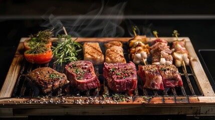 Meat placed on a wooden grill with varying temperatures