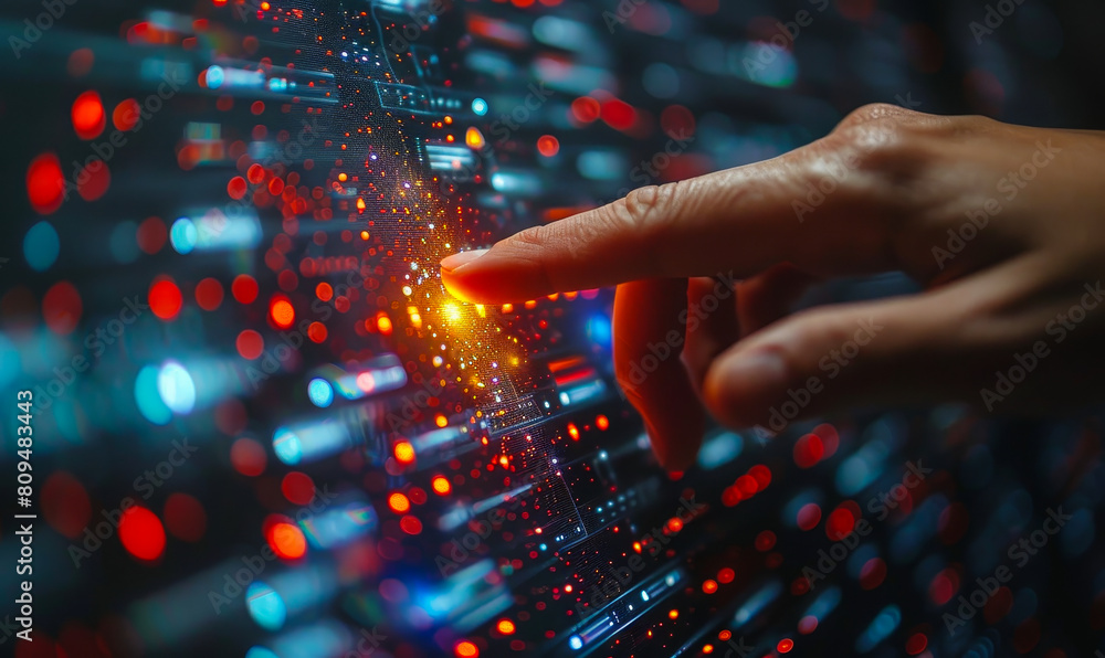 Poster young woman touching virtual screen interface showing futuristic technology and data network - digit
